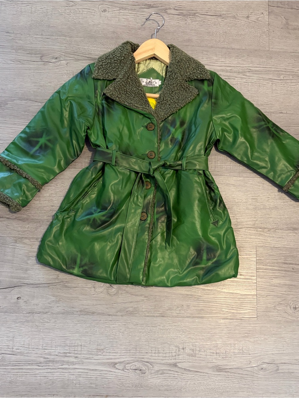 Girls Green Faux-Leather Belted Coat with Sherpa Collar